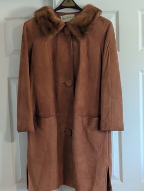 Mary McFadden Cognac Suede Trench Coat with Fur Collar
